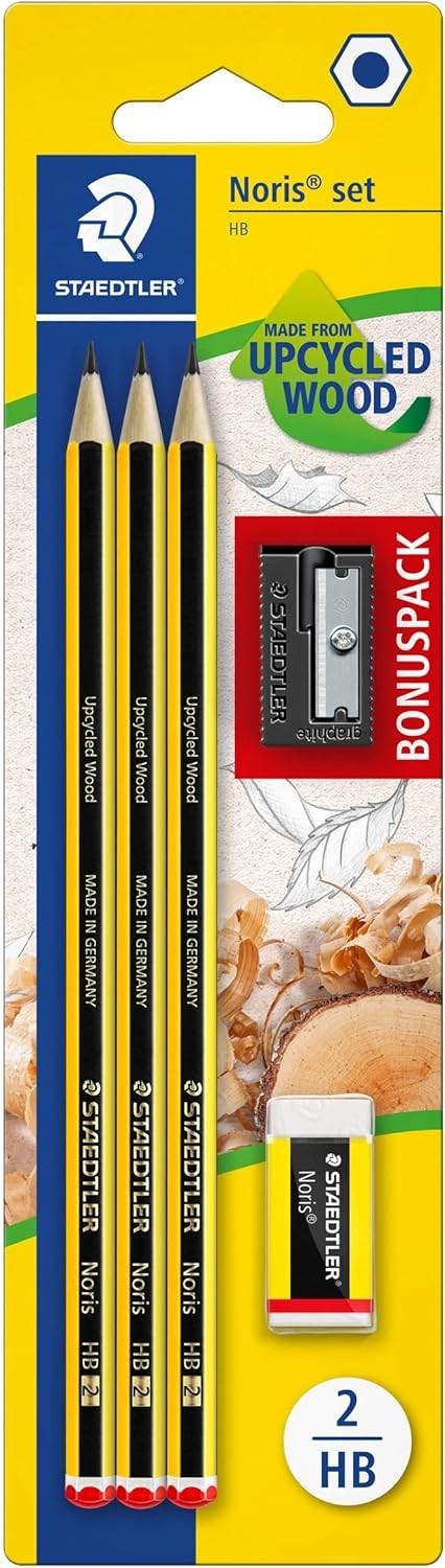 3x lápices STAEDTLER Noris 120 + goma + sacapuntas